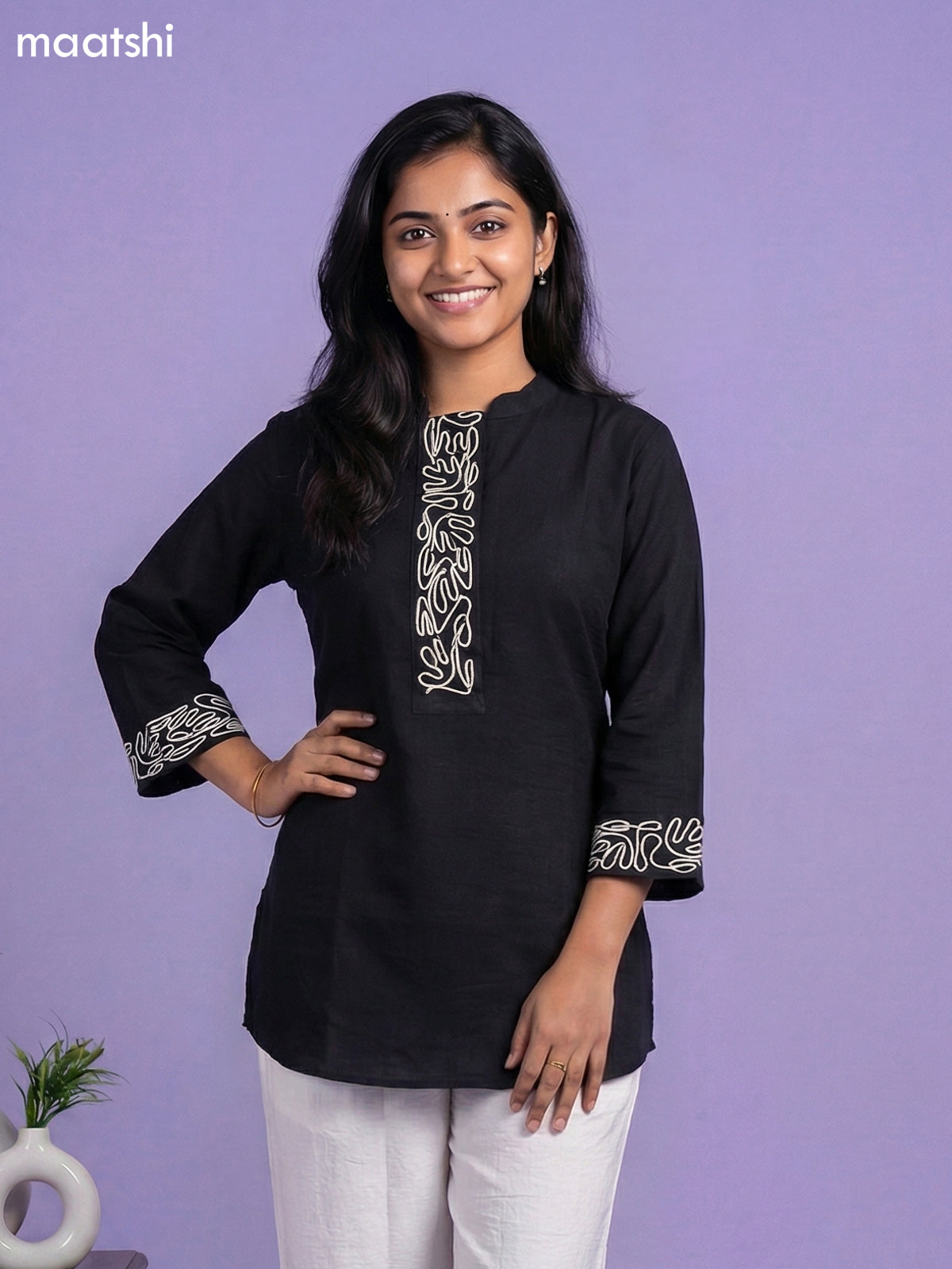 Black and Cream Rayon Simple Embroidery Work Short Kurti Set
