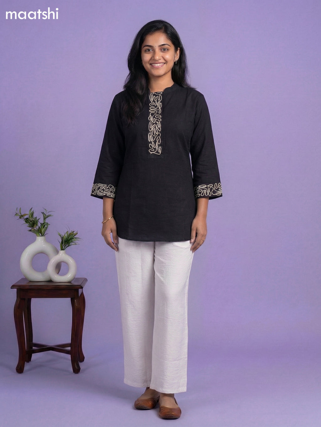 Black and Cream Rayon Simple Embroidery Work Short Kurti Set