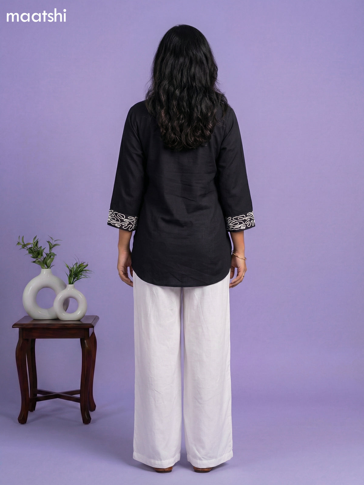 Black and Cream Rayon Simple Embroidery Work Short Kurti Set