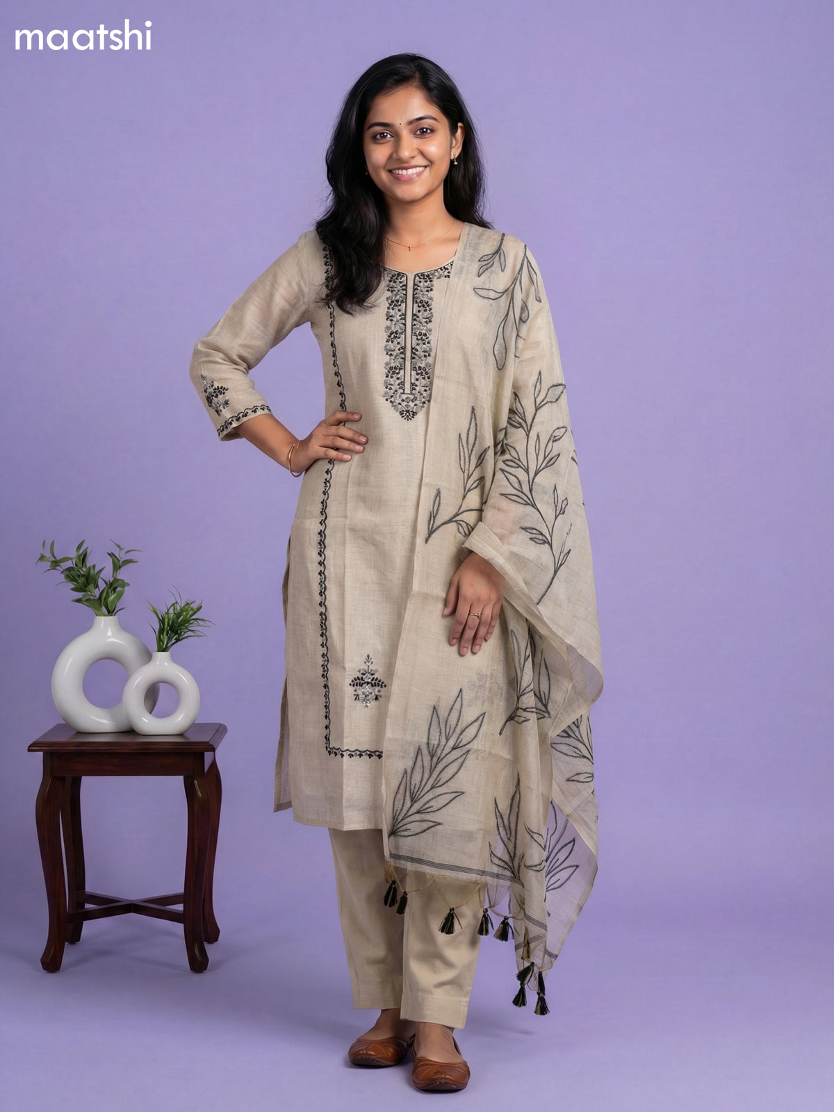 Beige and Black Linen Cotton Embroidery Work Straight Suit