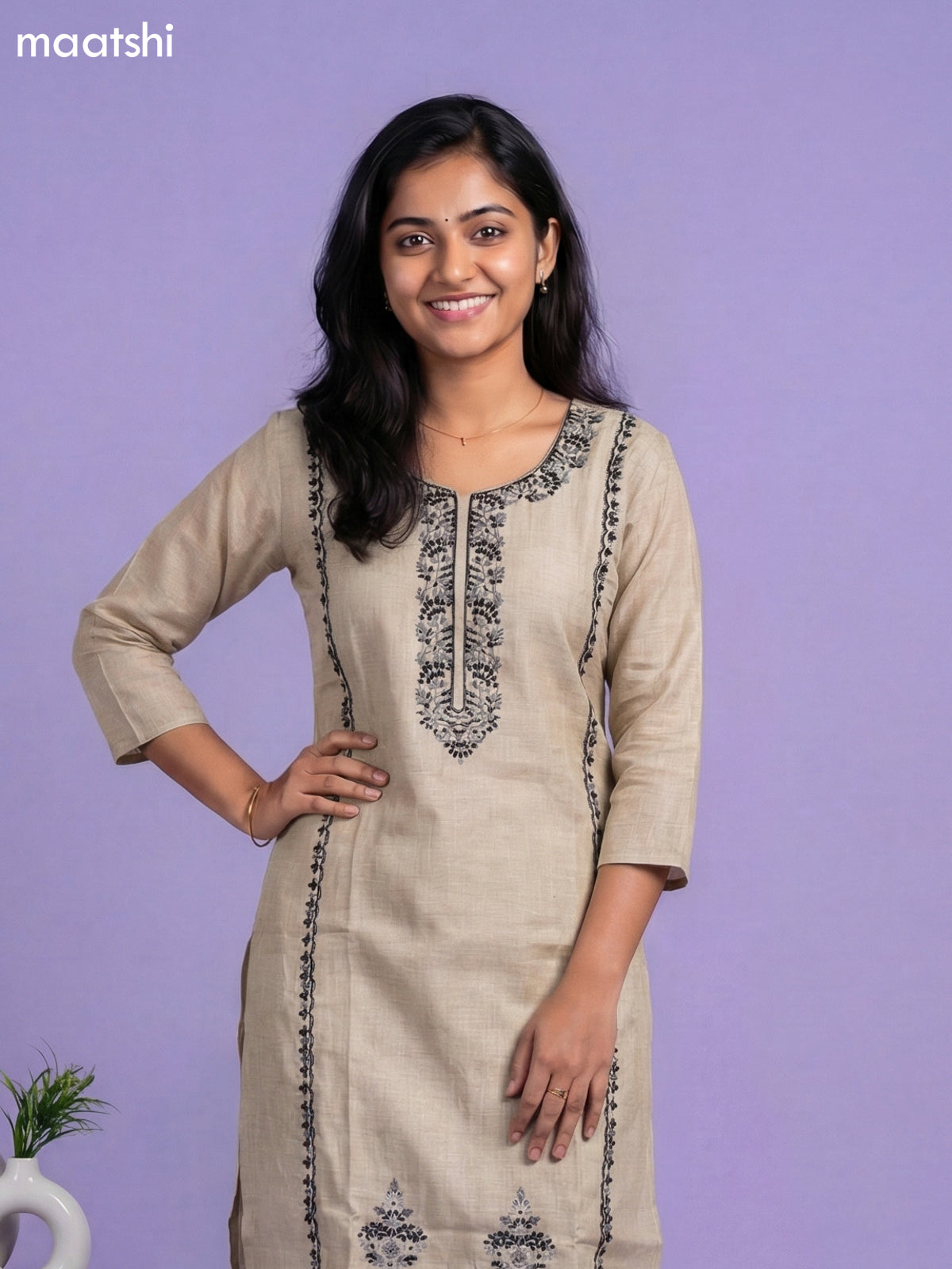 Beige and Black Linen Cotton Embroidery Work Straight Suit