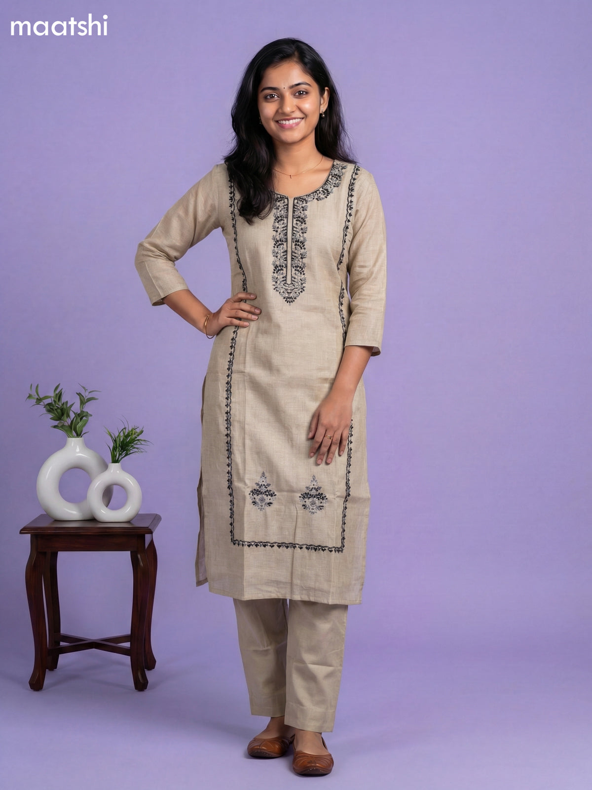 Beige and Black Linen Cotton Embroidery Work Straight Suit