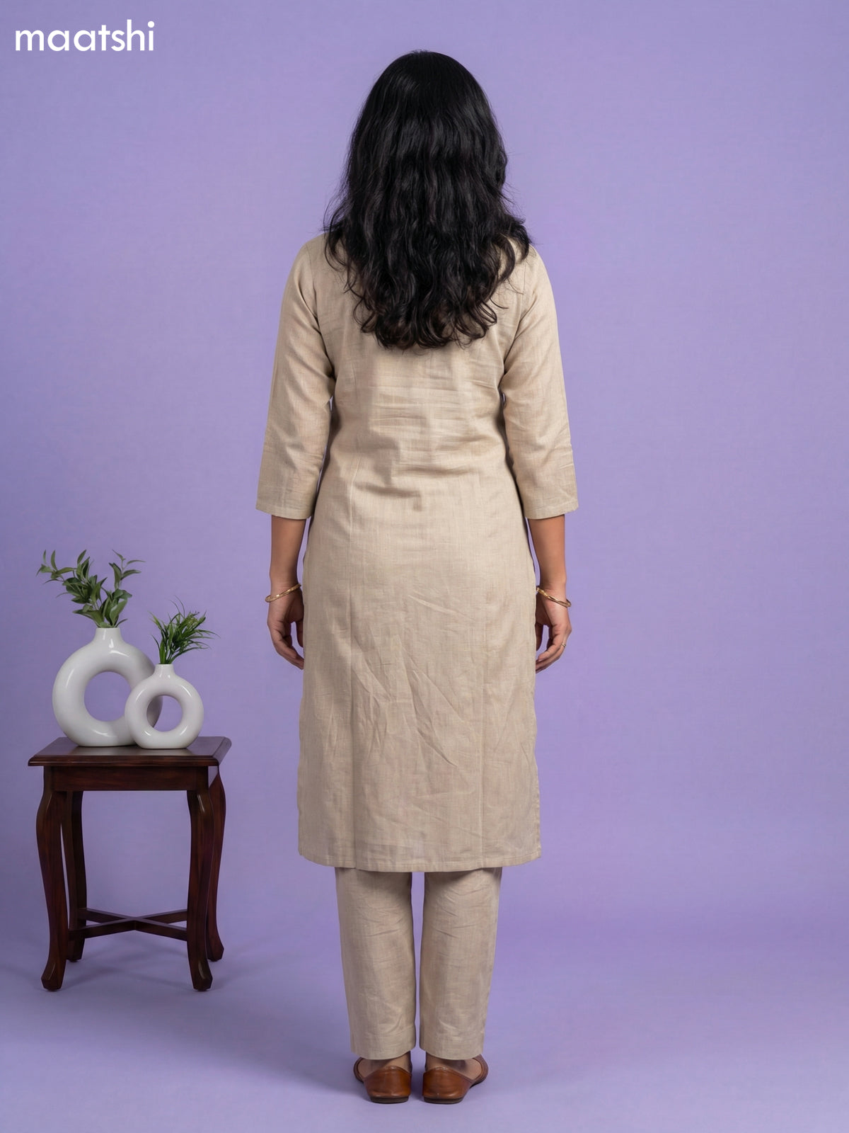 Beige and Black Linen Cotton Embroidery Work Straight Suit