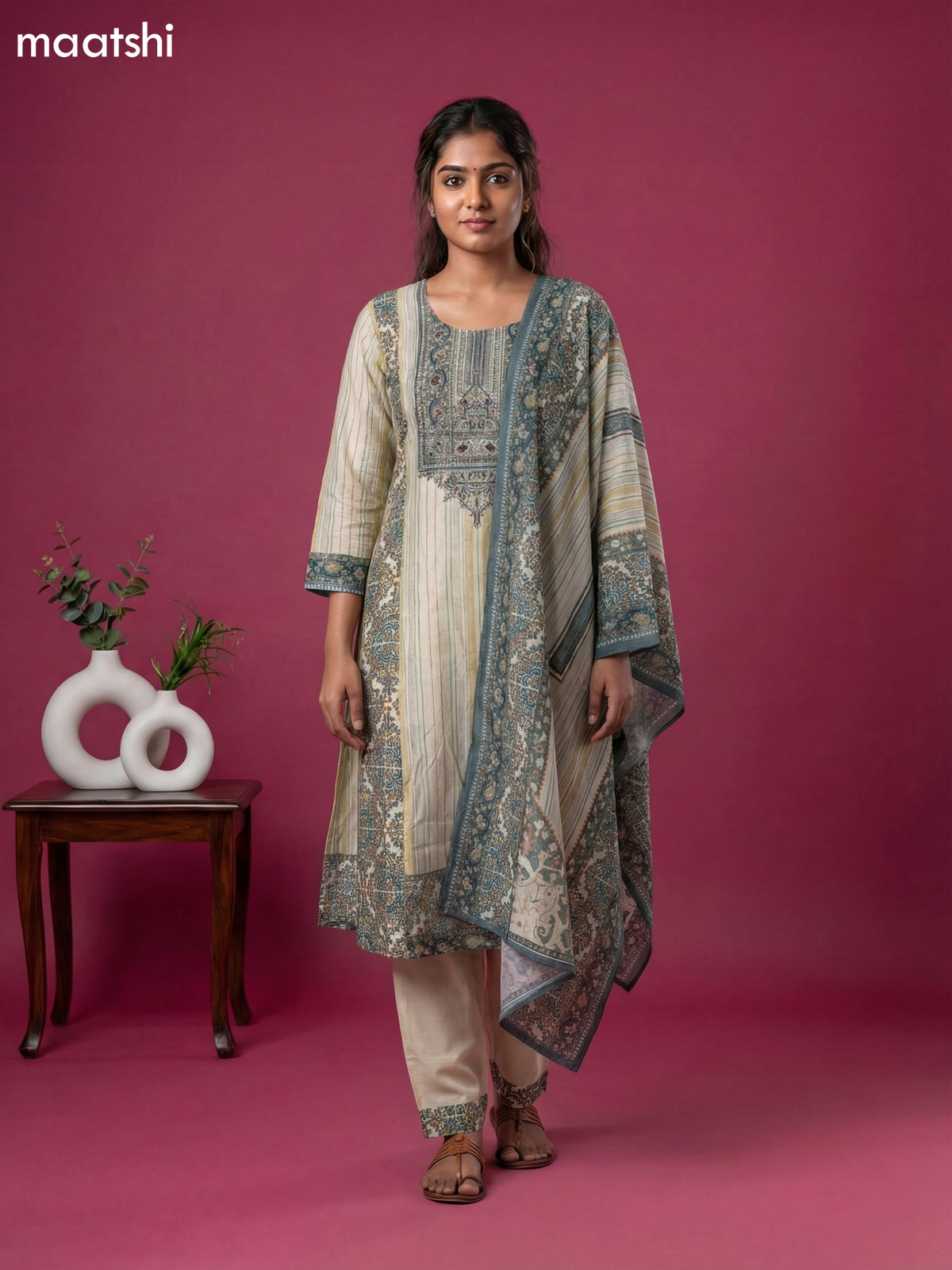 Cream Art Tussar Printed & Embroidery Work A-Line Suit