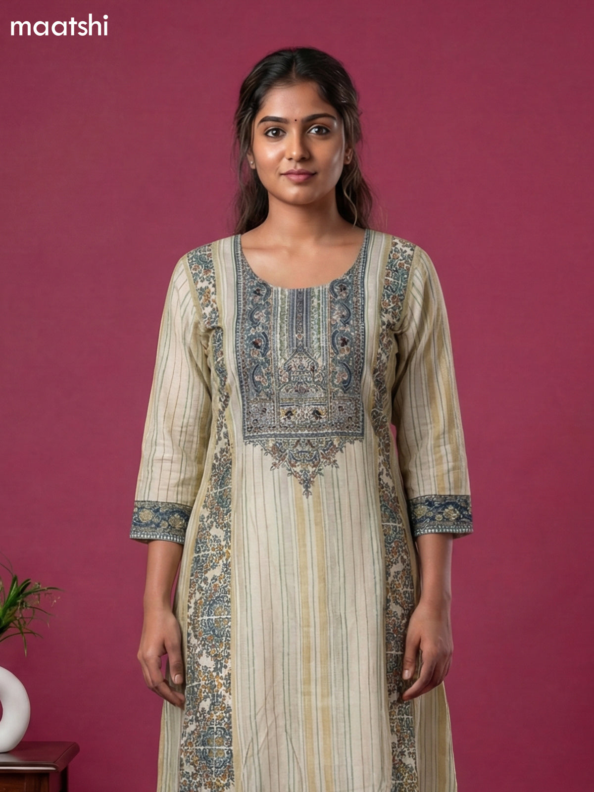 Cream Art Tussar Printed & Embroidery Work A-Line Suit