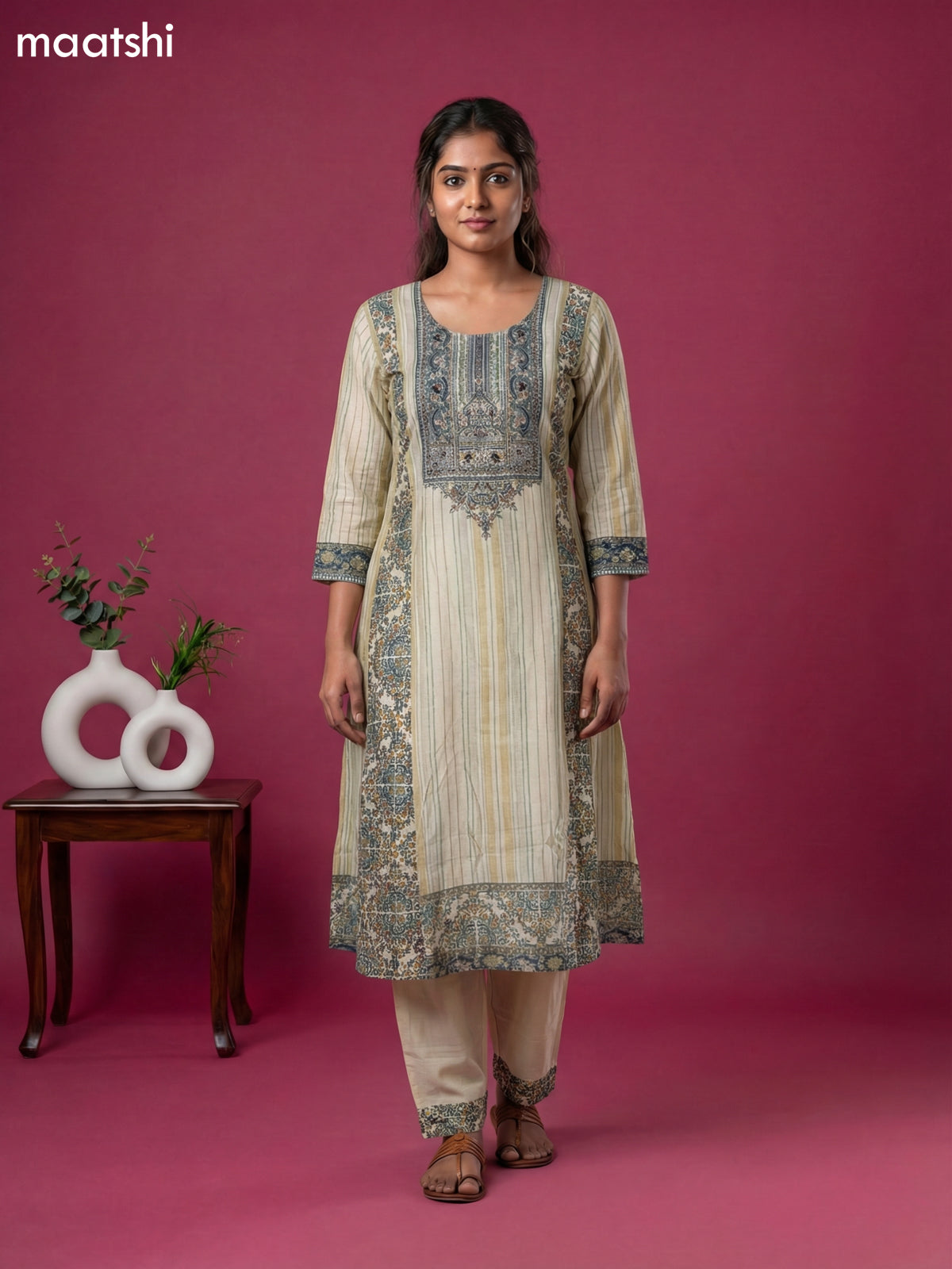 Cream Art Tussar Printed & Embroidery Work A-Line Suit
