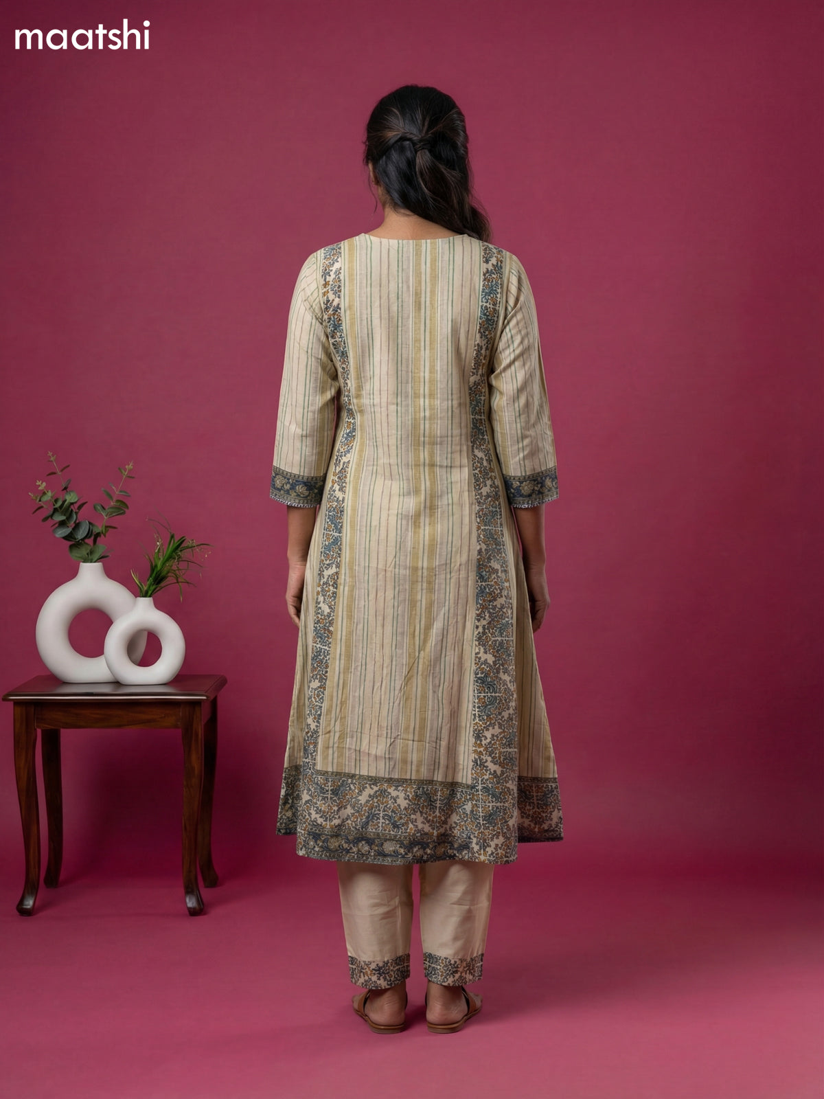 Cream Art Tussar Printed & Embroidery Work A-Line Suit
