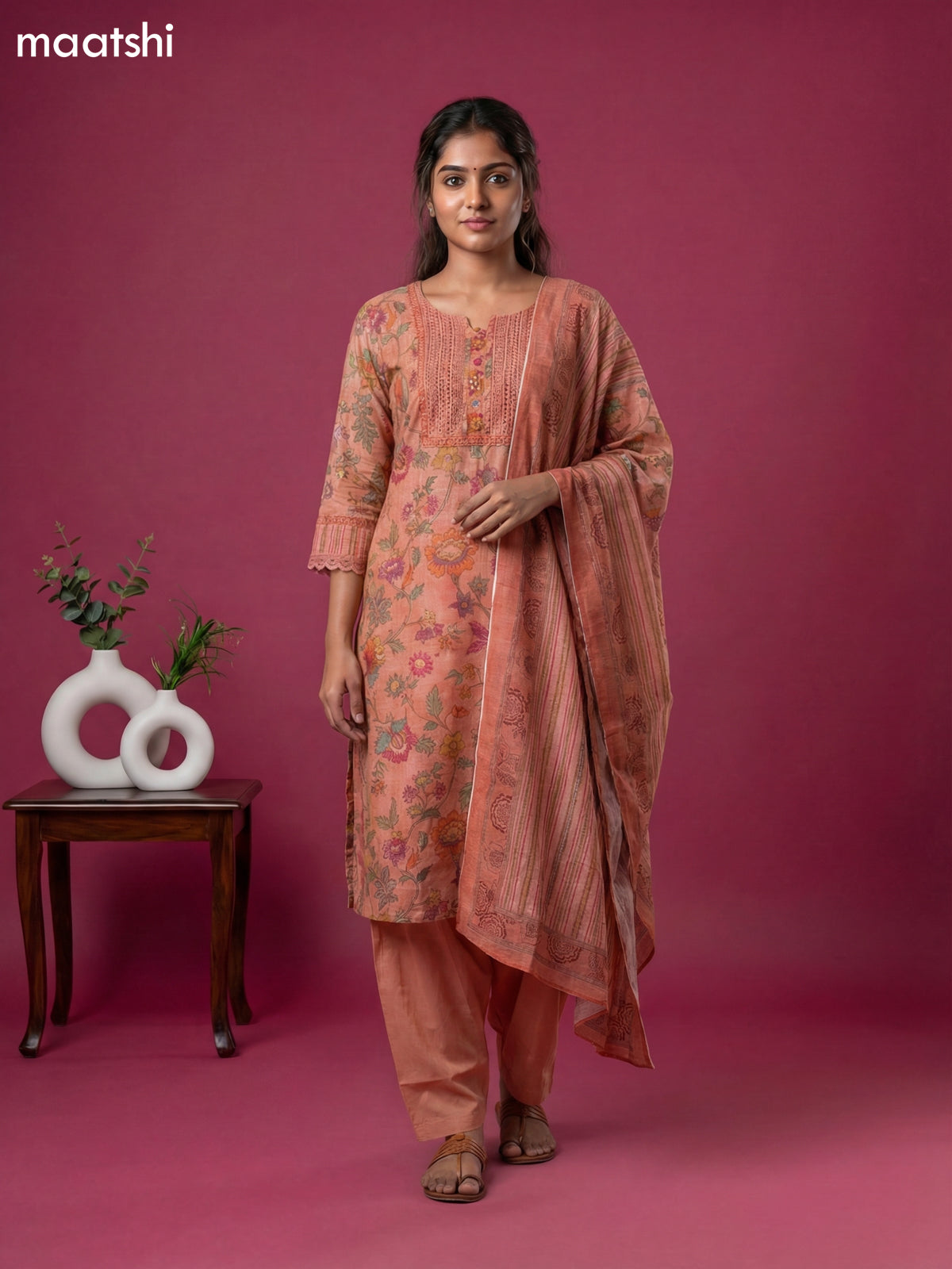 Peach Linen Cotton Kalamkari Printed & Lace Work Straight Suit