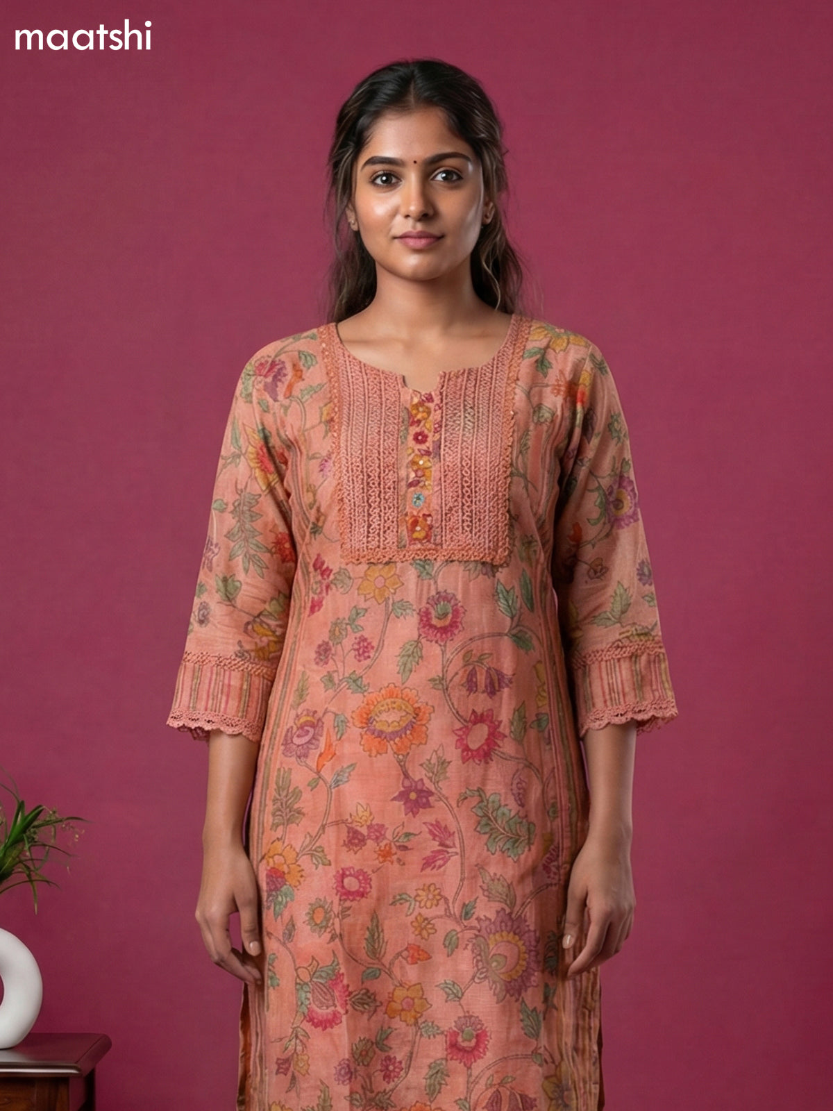 Peach Linen Cotton Kalamkari Printed & Lace Work Straight Suit