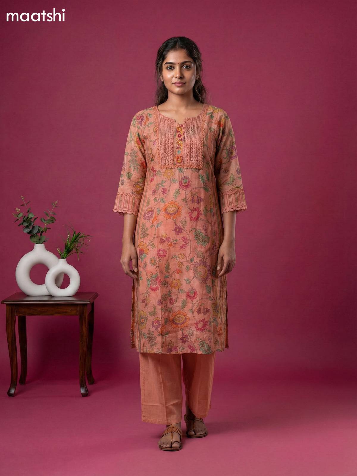 Peach Linen Cotton Kalamkari Printed & Lace Work Straight Suit