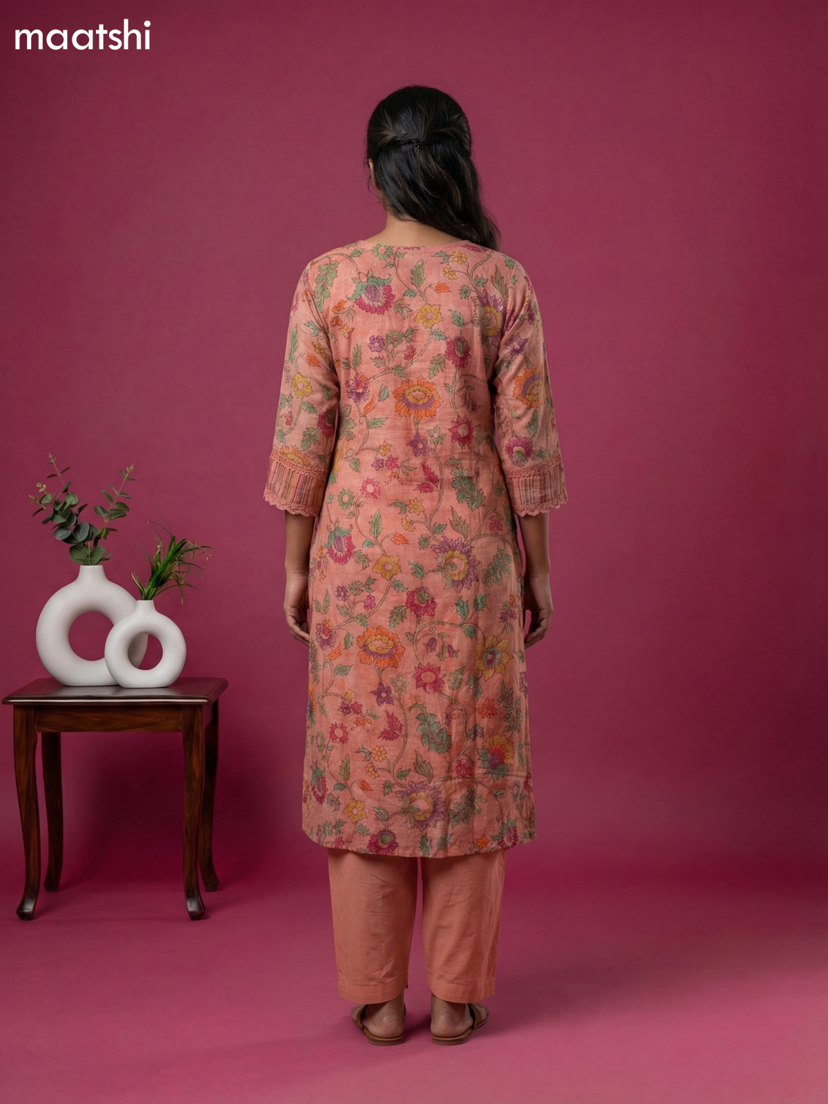 Peach Linen Cotton Kalamkari Printed & Lace Work Straight Suit