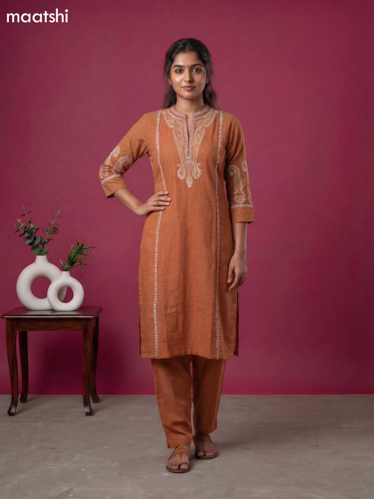 Dark Rust Rayon Simple Embroidery Work Kurti Set