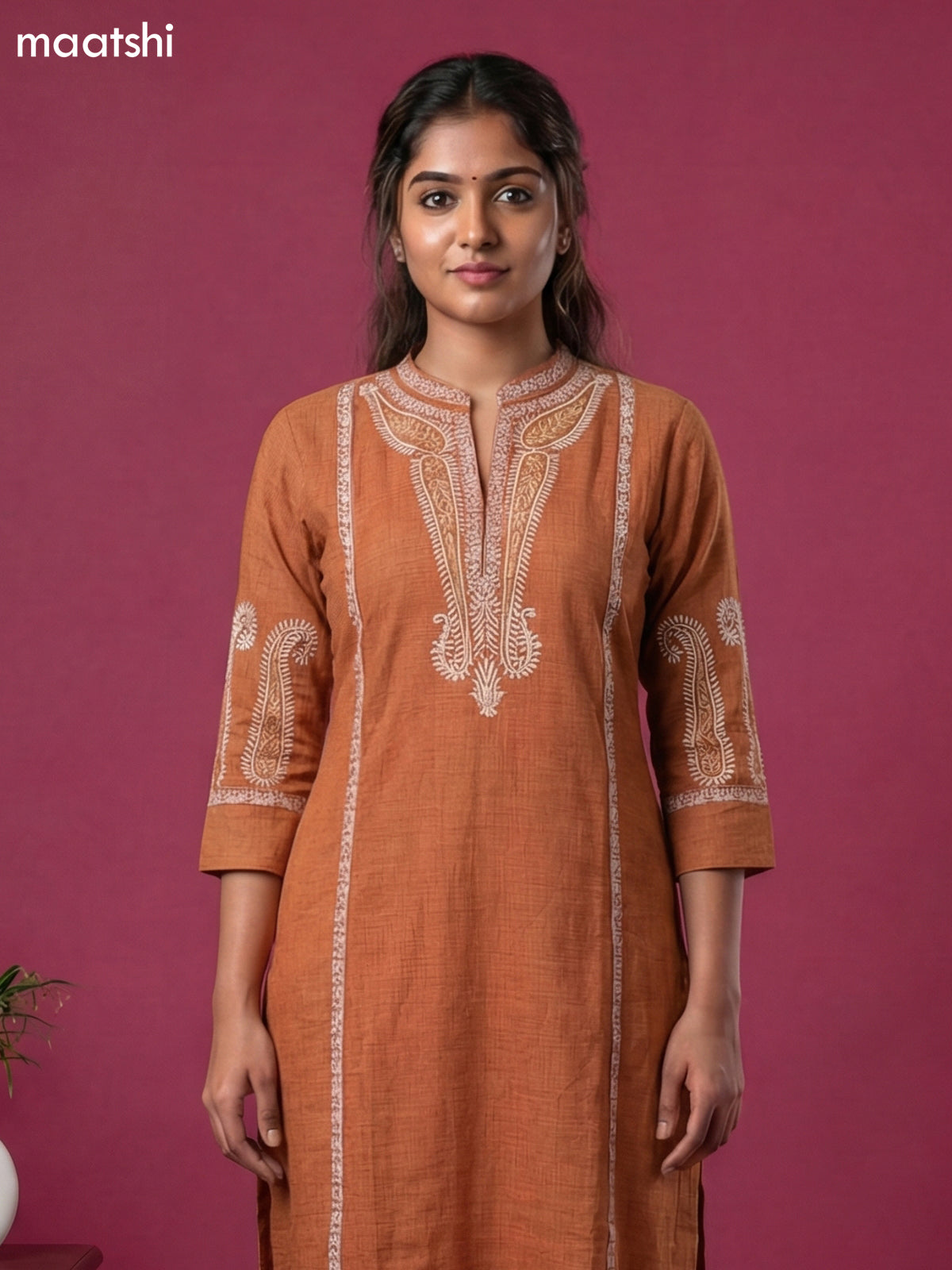 Dark Rust Rayon Simple Embroidery Work Kurti Set