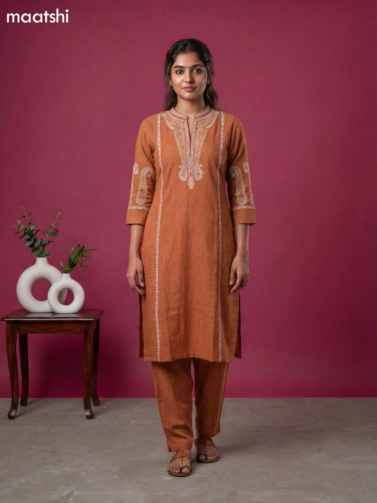 Dark Rust Rayon Simple Embroidery Work Kurti Set