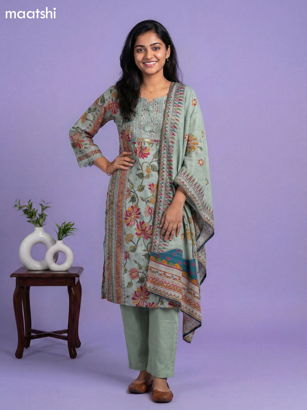 Pastel Green Linen Cotton Kalamkari Printed & Lace Work Straight Suit