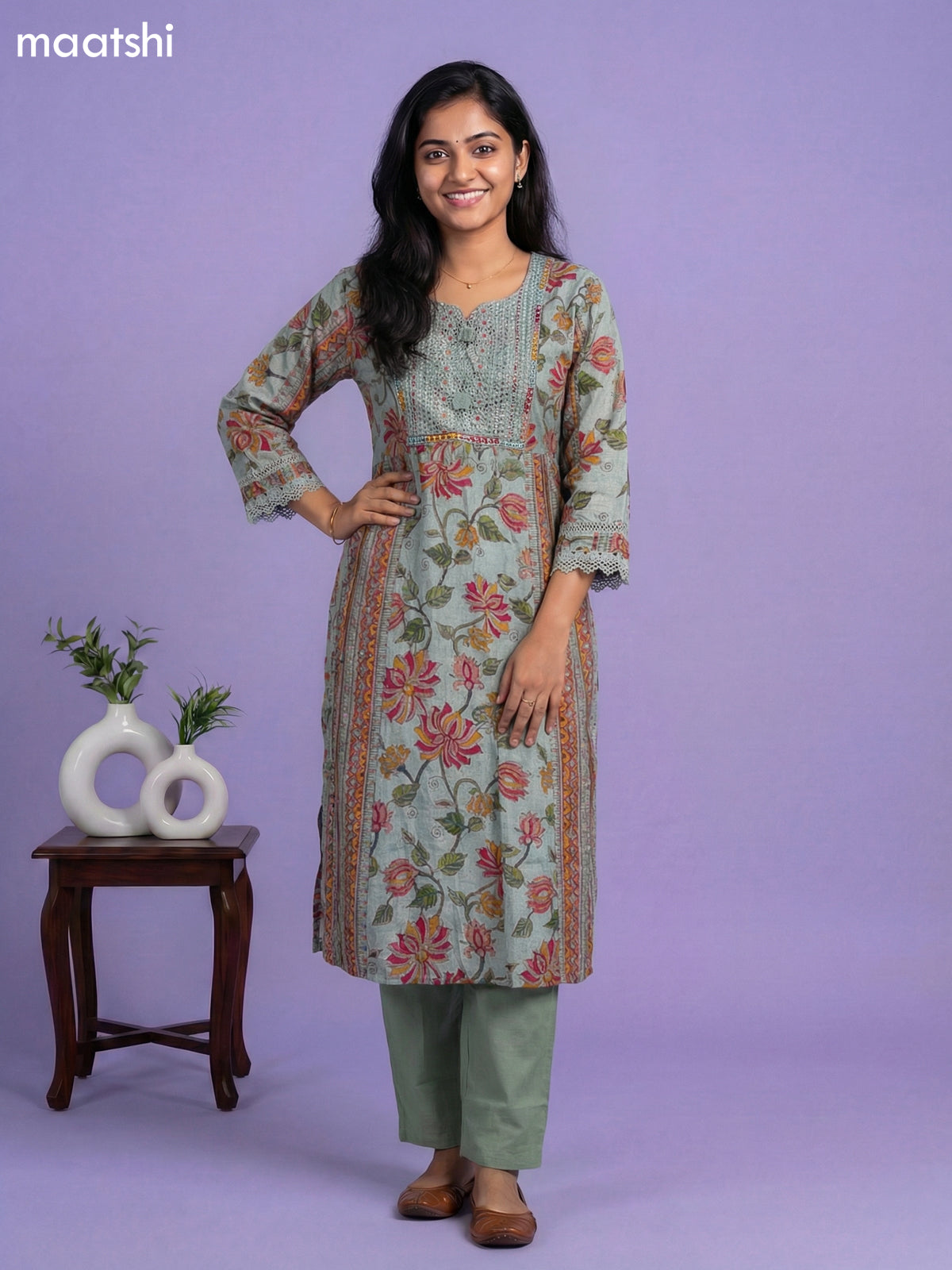 Pastel Green Linen Cotton Kalamkari Printed & Lace Work Straight Suit