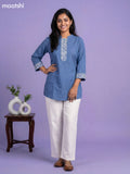 Blue and Cream Rayon Simple Embroidery Work Short Kurti Set