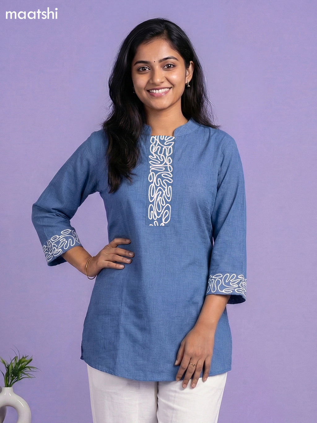 Blue and Cream Rayon Simple Embroidery Work Short Kurti Set
