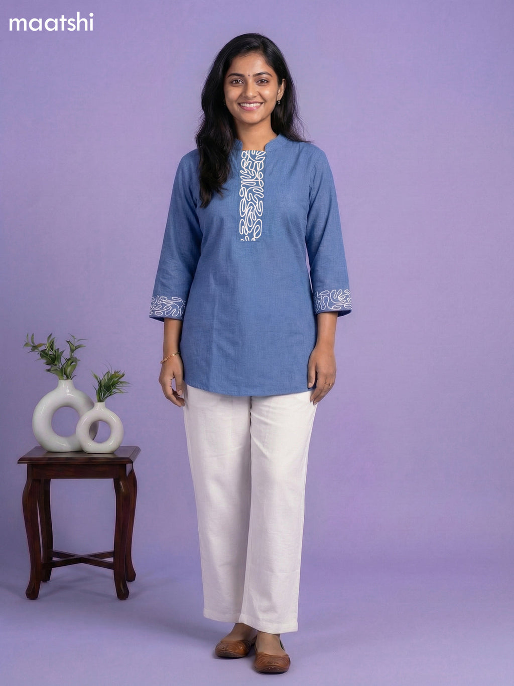 Blue and Cream Rayon Simple Embroidery Work Short Kurti Set
