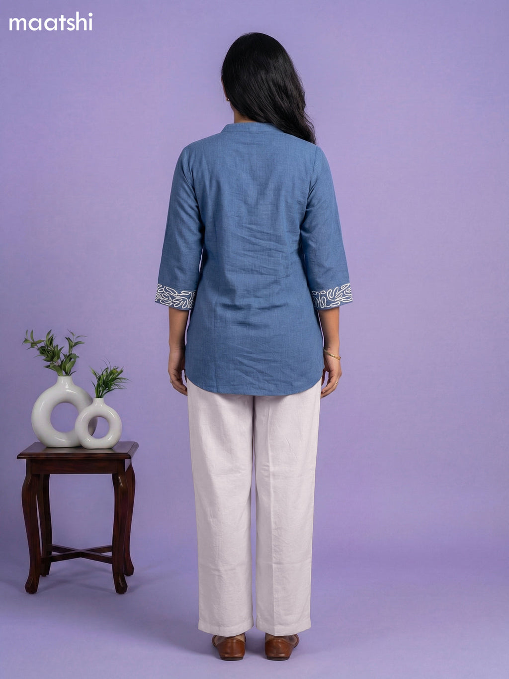 Blue and Cream Rayon Simple Embroidery Work Short Kurti Set