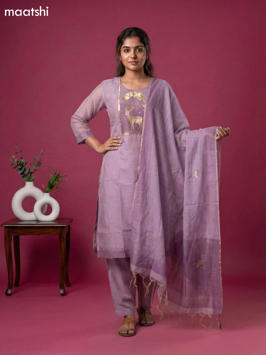 Lavender Chanderi Embroidery Work Straight Suit Straight Cut Pant