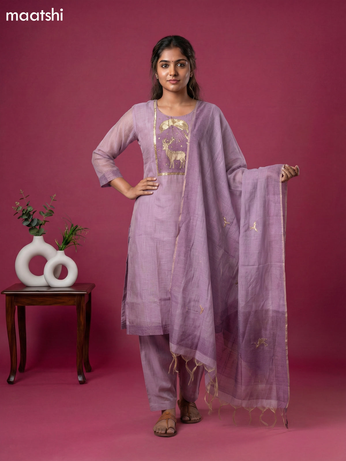 Lavender Chanderi Embroidery Work Straight Suit Straight Cut Pant