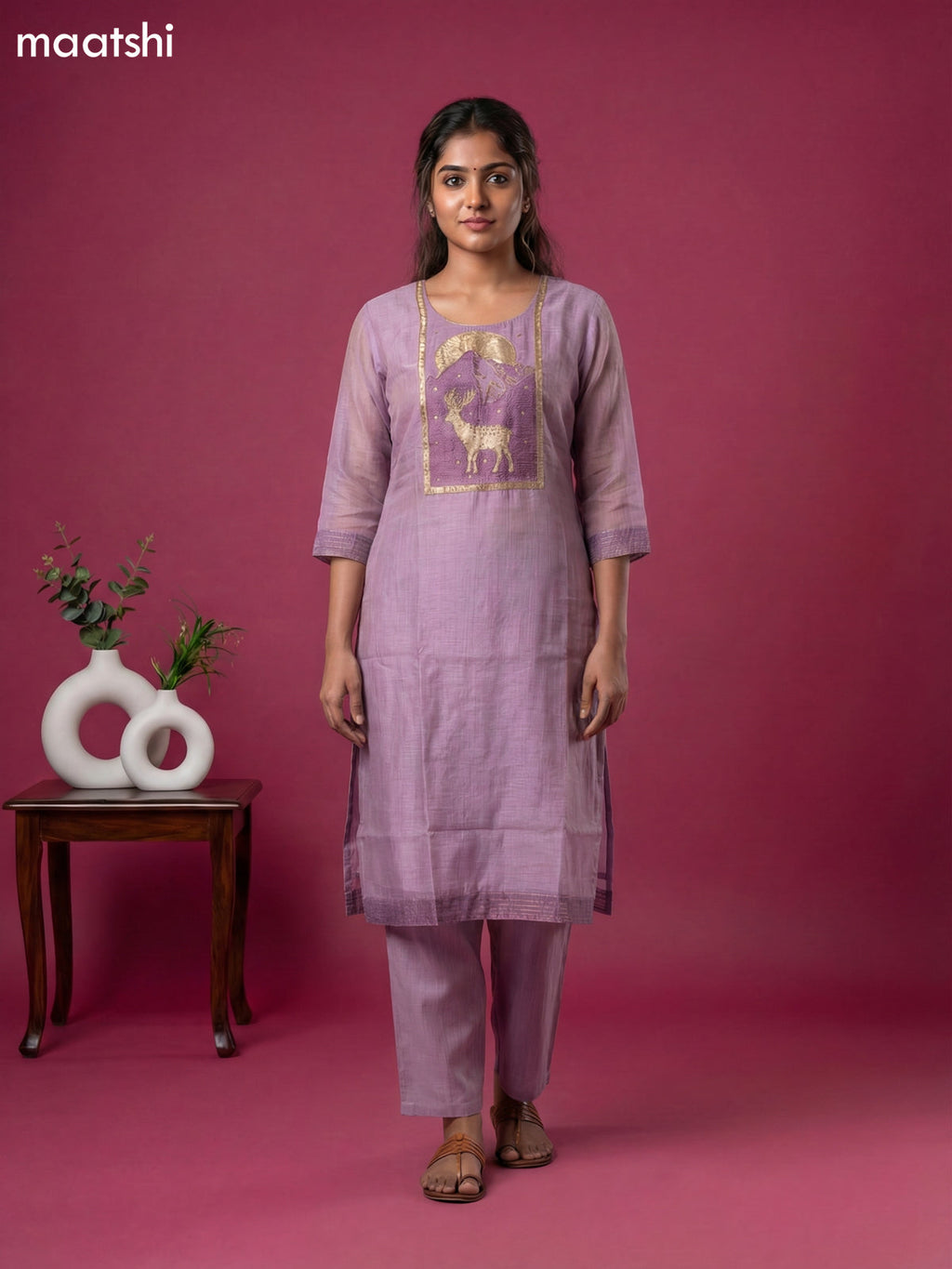 Lavender Chanderi Embroidery Work Straight Suit Straight Cut Pant