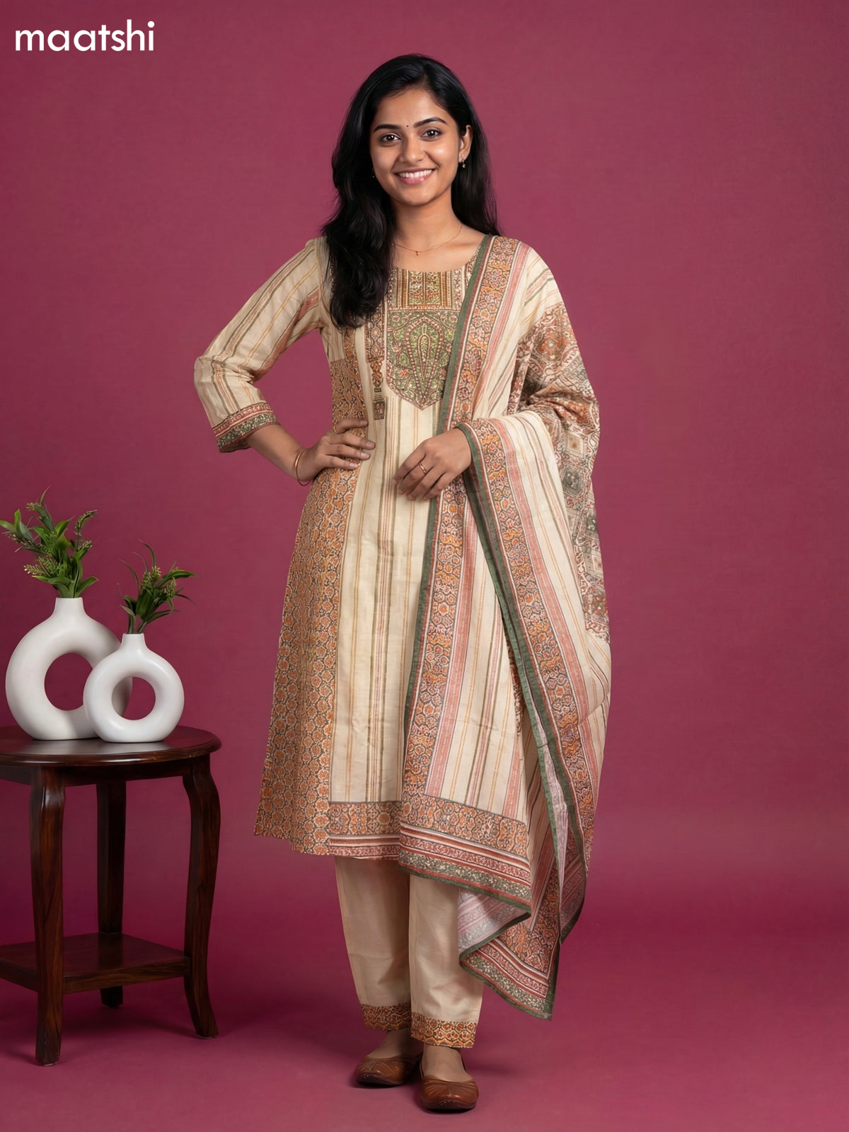 Cream and Peach Green Art Tussar Printed & Embroidery Work Anarkali Suit