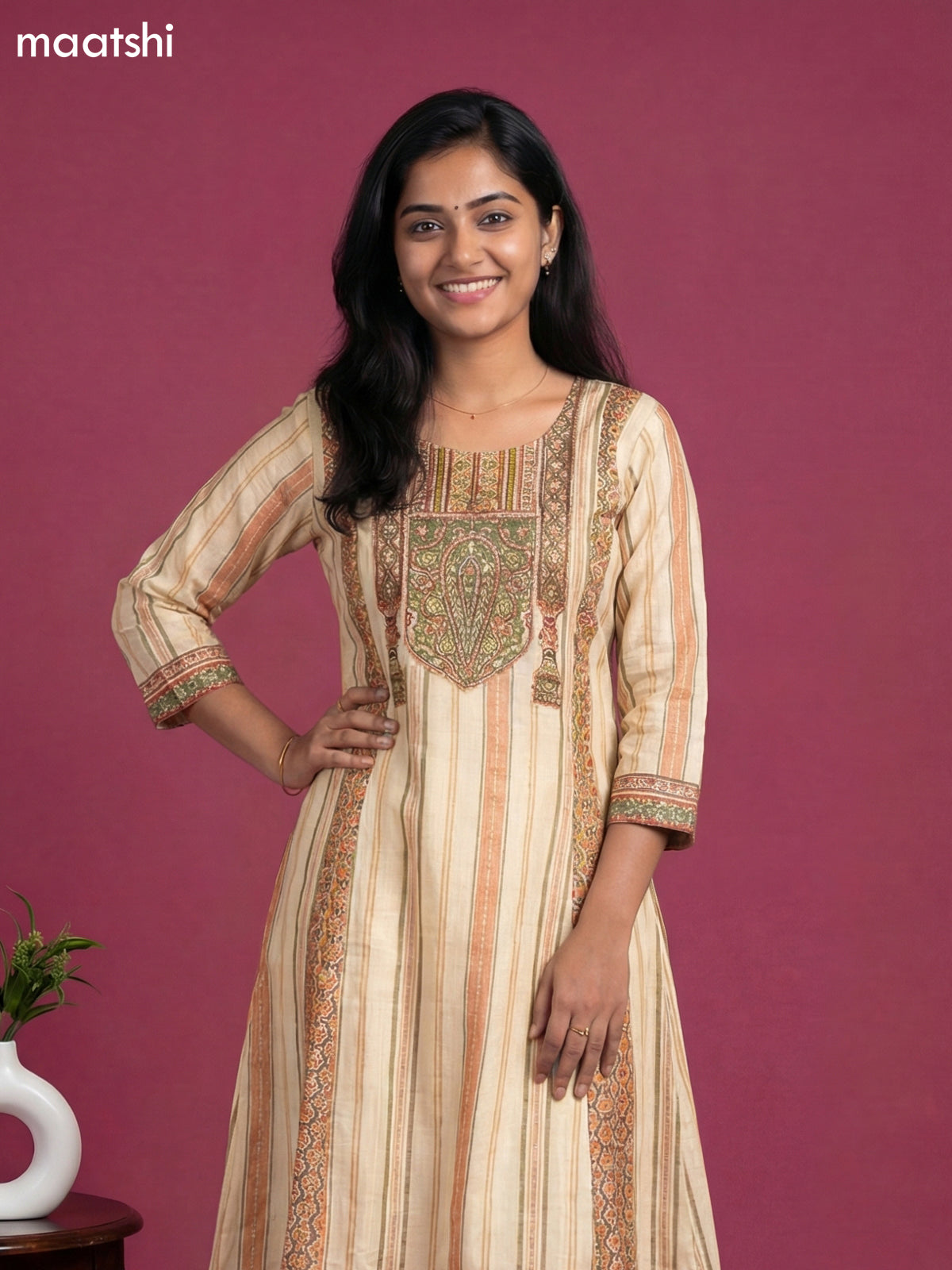 Cream and Peach Green Art Tussar Printed & Embroidery Work Anarkali Suit