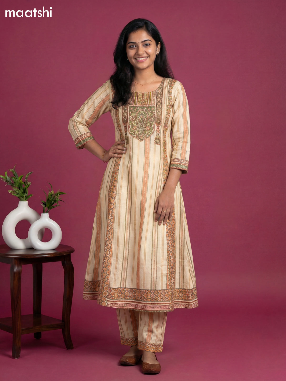 Cream and Peach Green Art Tussar Printed & Embroidery Work Anarkali Suit