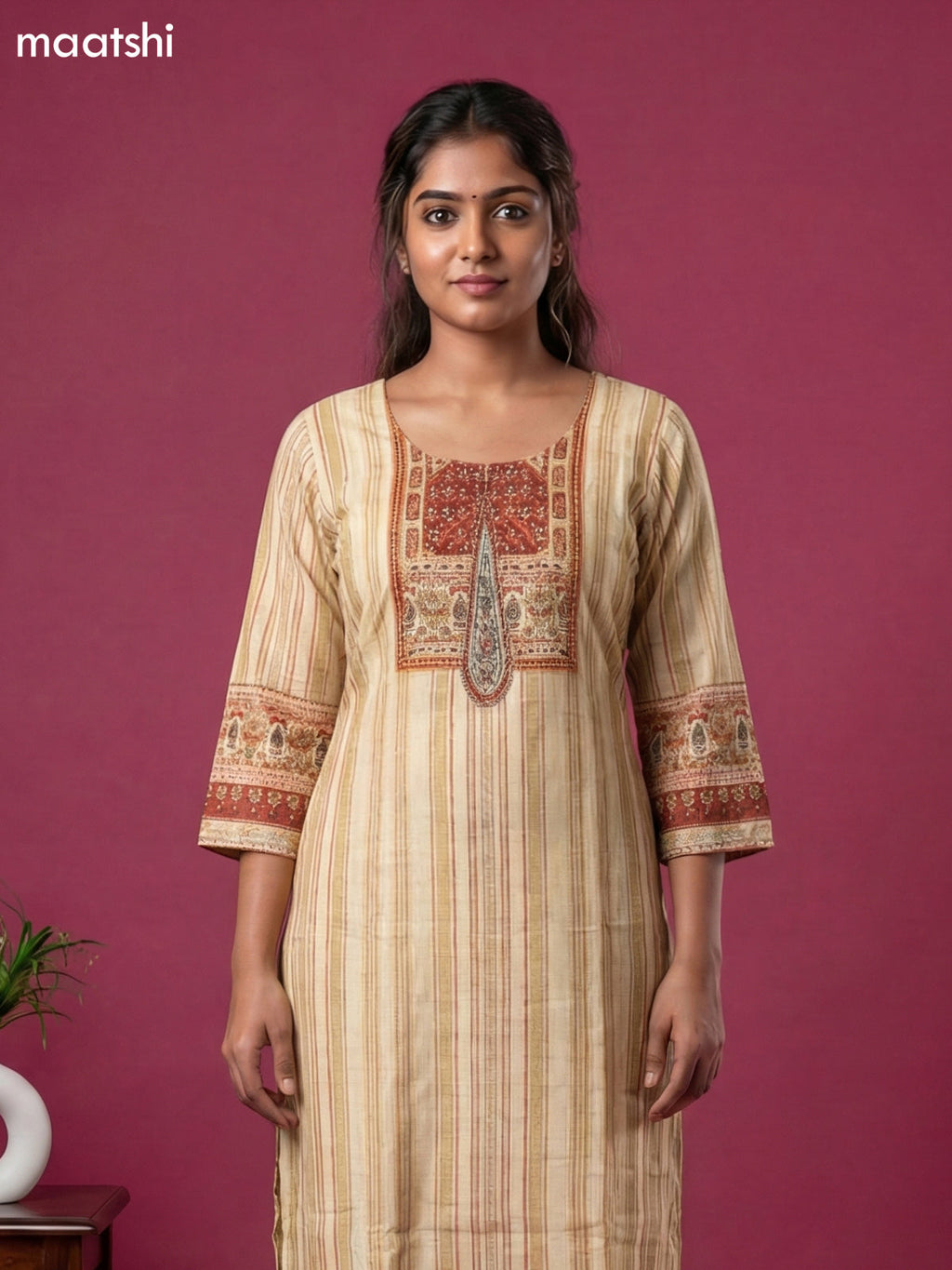 Cream and Maroon Art Tussar Printed & Embroidery Work Straight Suit