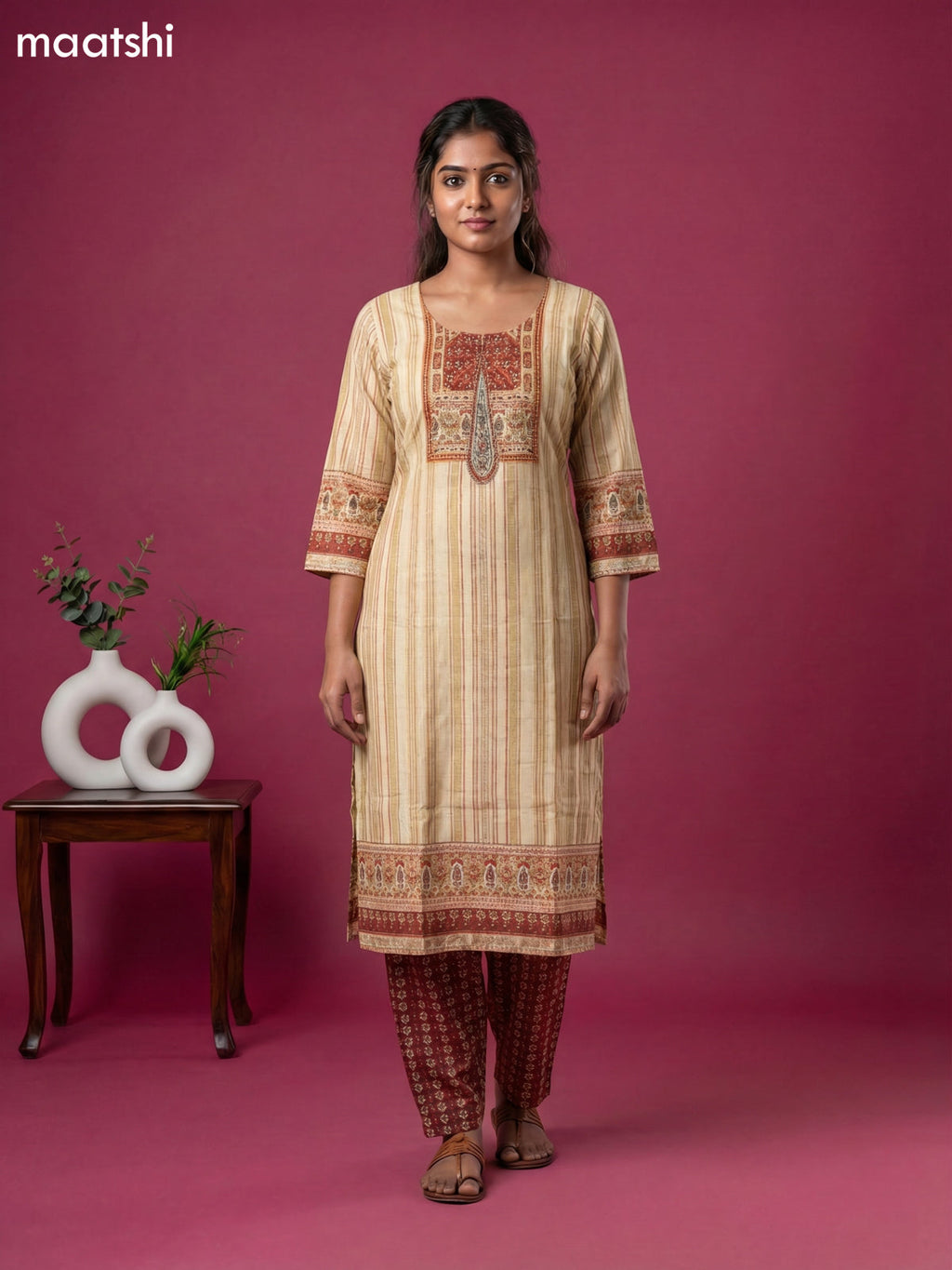 Cream and Maroon Art Tussar Printed & Embroidery Work Straight Suit