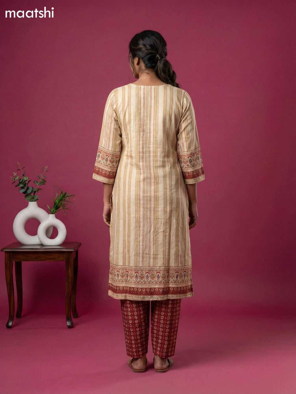Cream and Maroon Art Tussar Printed & Embroidery Work Straight Suit