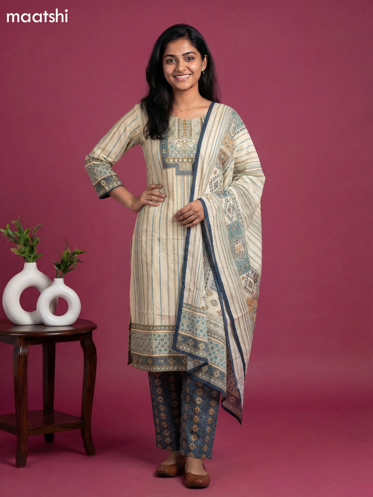 Cream and Peacock Blue Art Tussar Printed & Embroidery Work Straight Suit