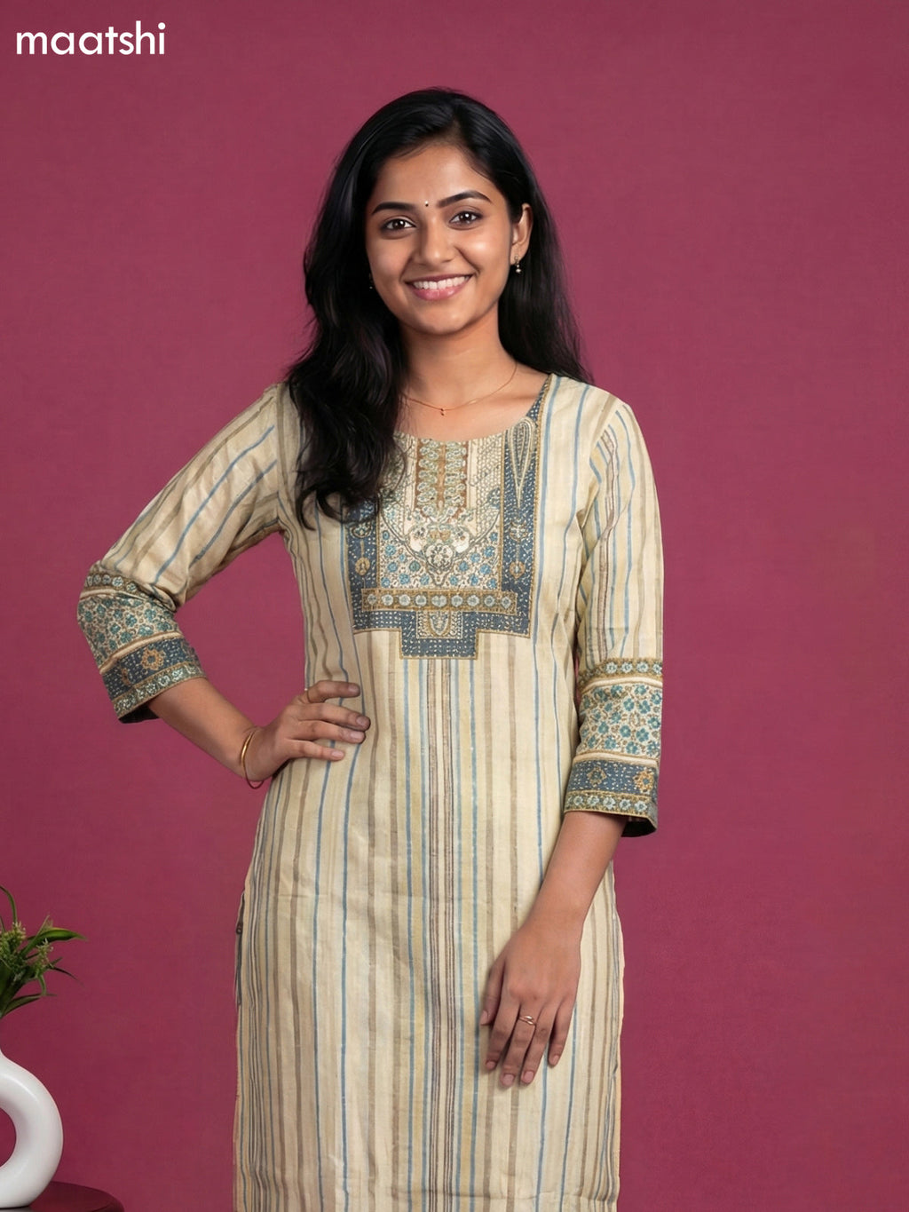 Cream and Peacock Blue Art Tussar Printed & Embroidery Work Straight Suit
