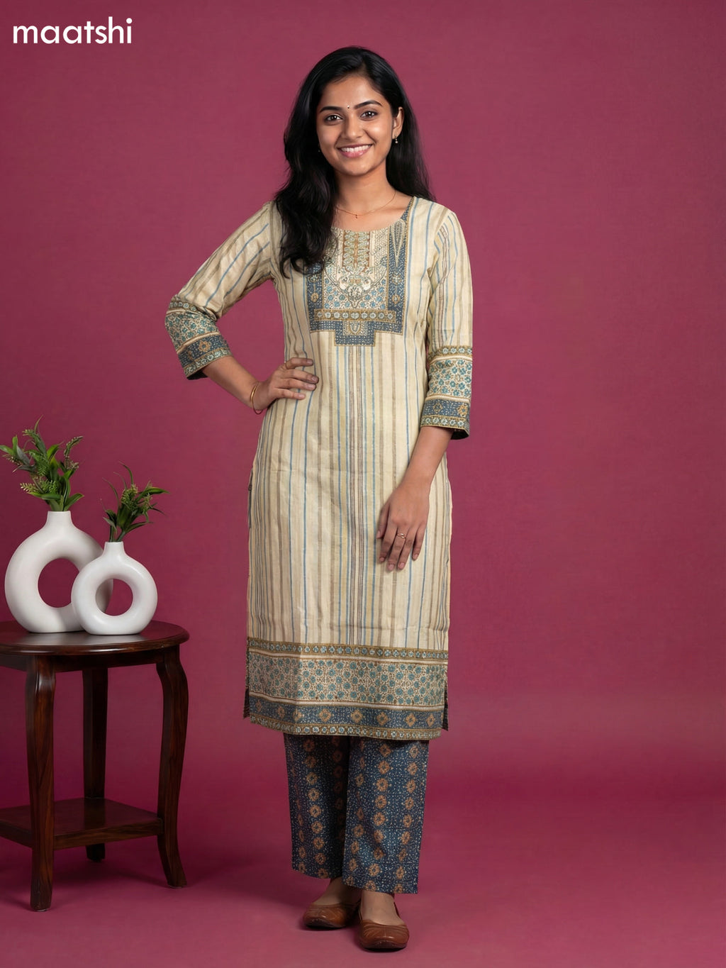 Cream and Peacock Blue Art Tussar Printed & Embroidery Work Straight Suit
