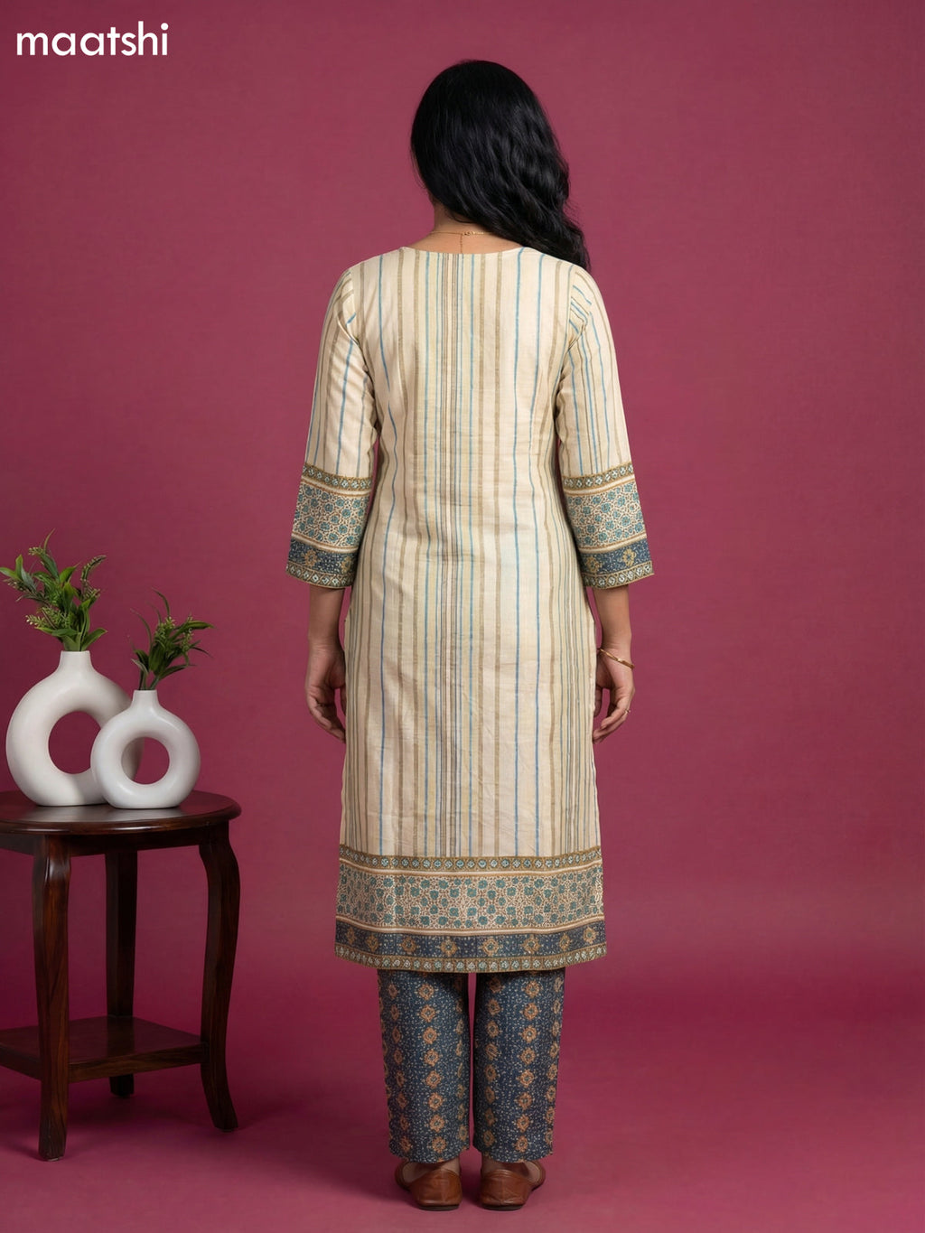 Cream and Peacock Blue Art Tussar Printed & Embroidery Work Straight Suit