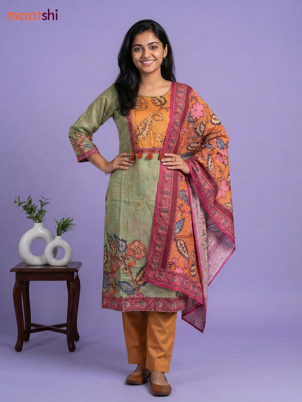 Pastel Green and Orange Muslin Kalamkari Printed & Embroidery Work Straight Suit