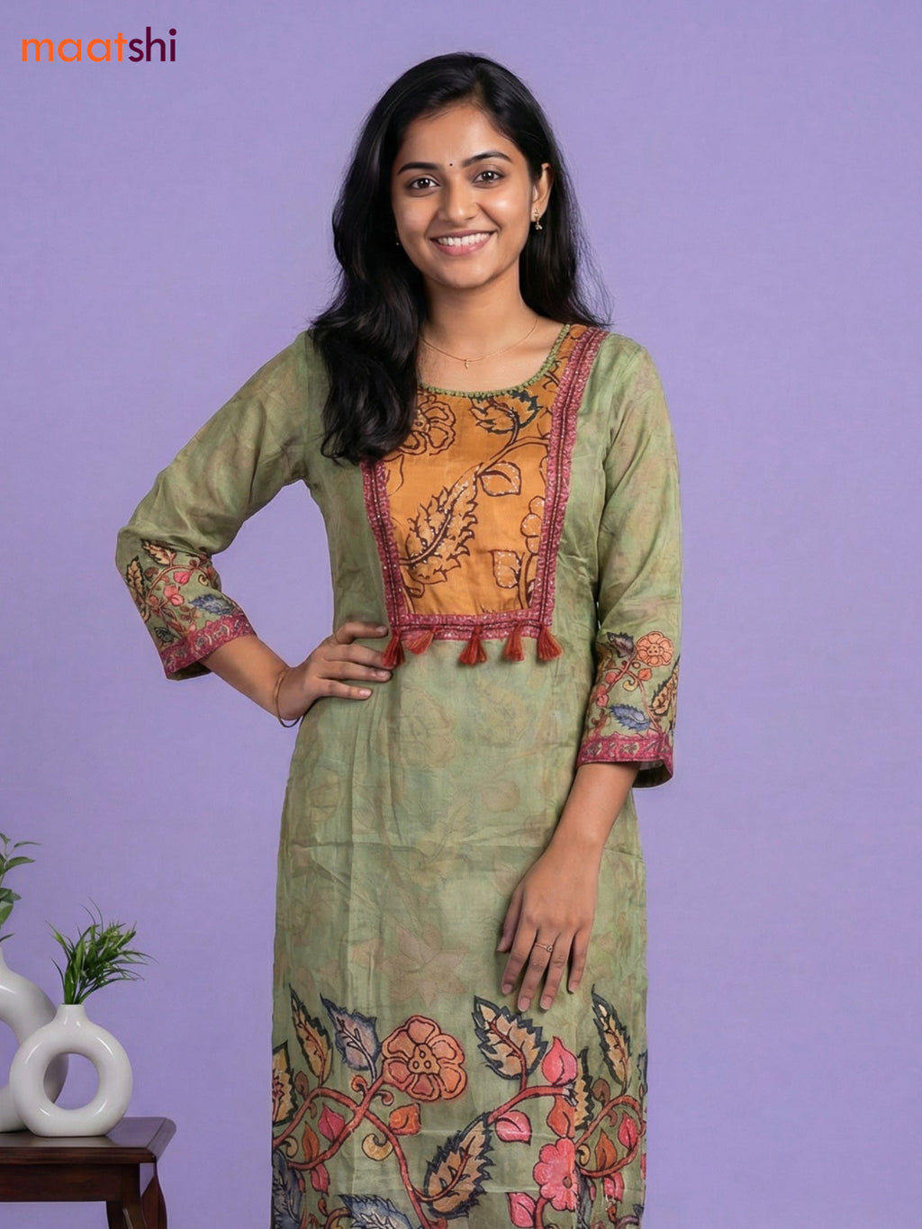 Pastel Green and Orange Muslin Kalamkari Printed & Embroidery Work Straight Suit