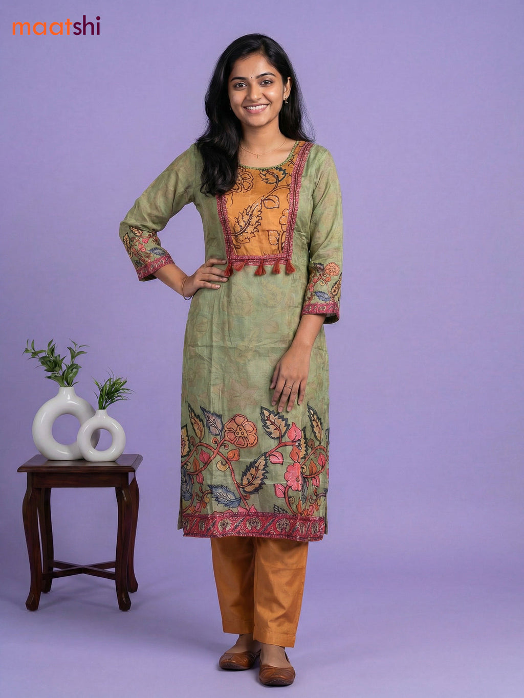 Pastel Green and Orange Muslin Kalamkari Printed & Embroidery Work Straight Suit
