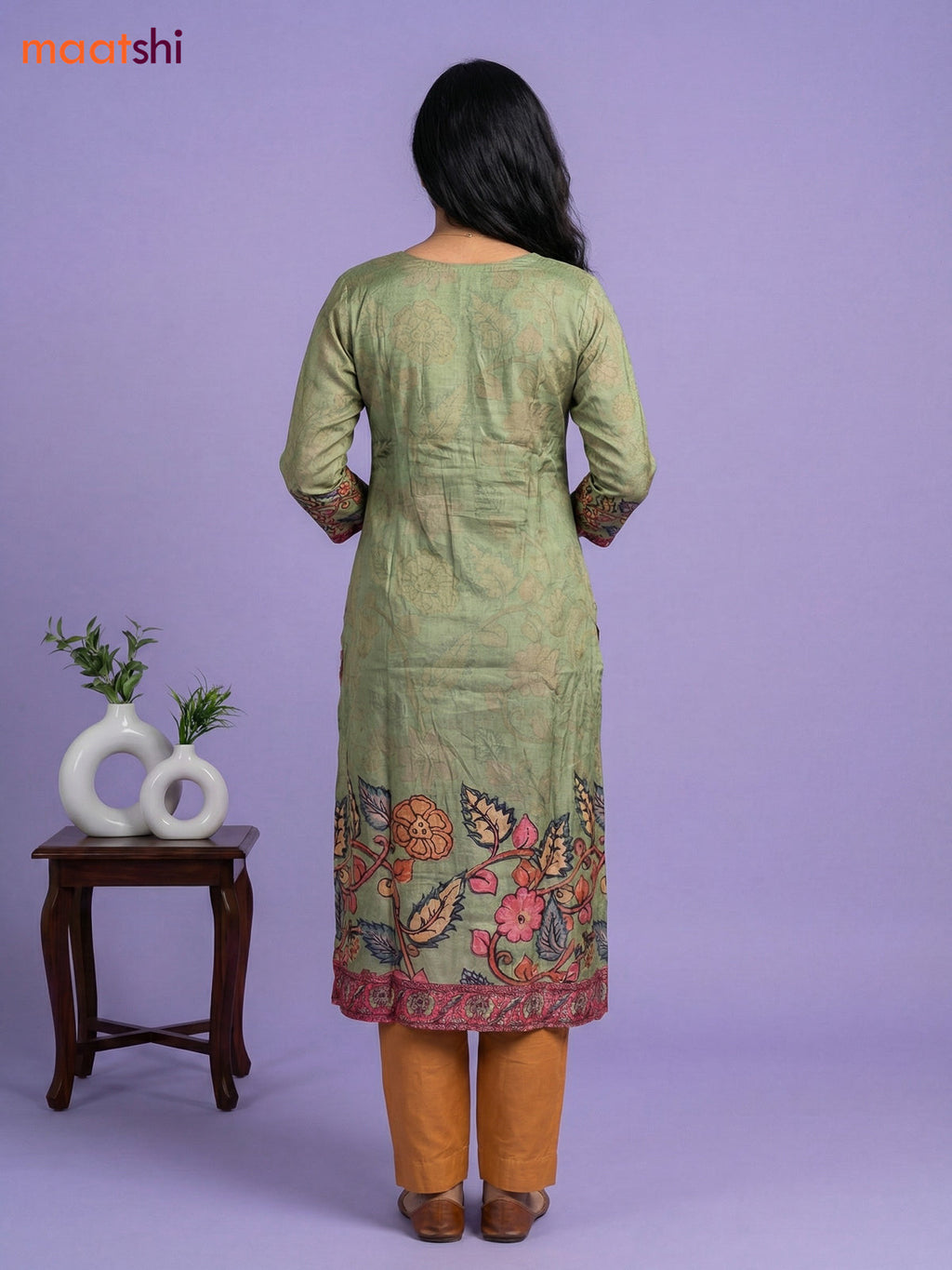 Pastel Green and Orange Muslin Kalamkari Printed & Embroidery Work Straight Suit