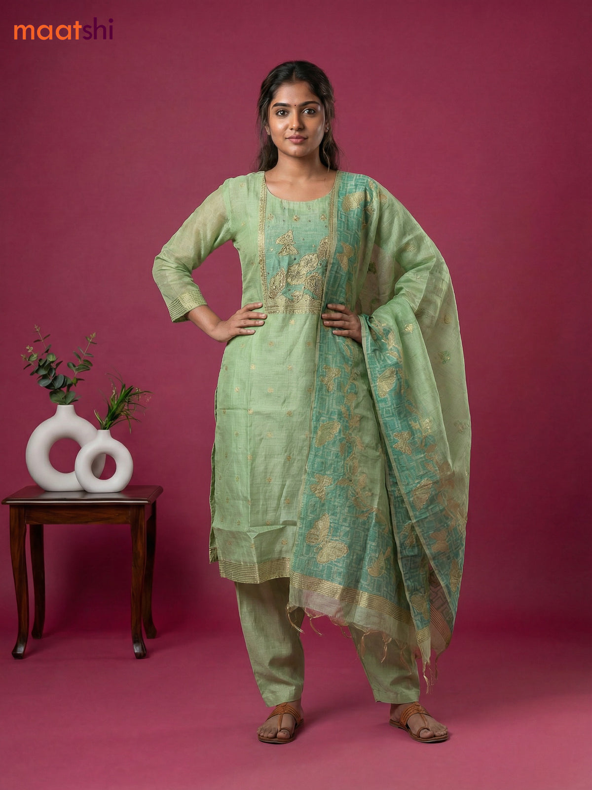 Pastel Green Chanderi Embroidery Work Straight Suit