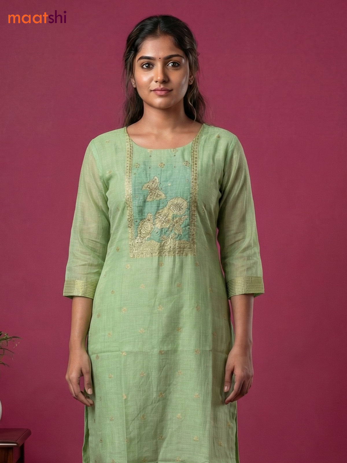 Pastel Green Chanderi Embroidery Work Straight Suit