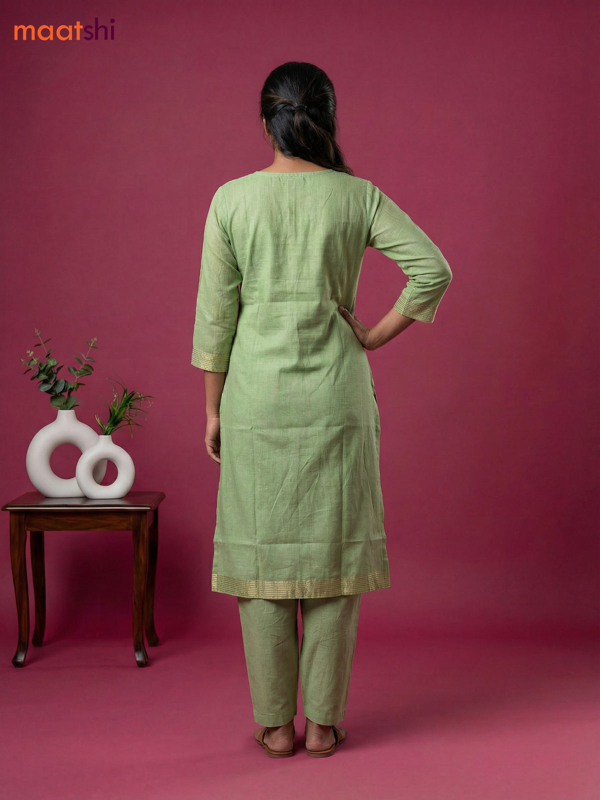 Pastel Green Chanderi Embroidery Work Straight Suit