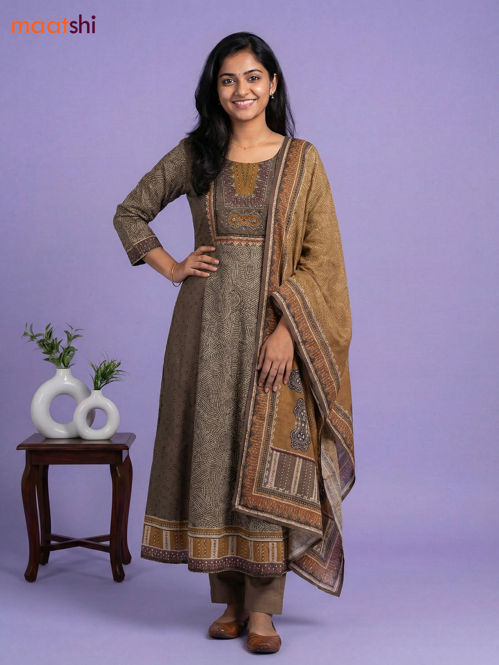 Dark Mehendi Green Muslin Printed & Embroidery Work Anarkali Suit