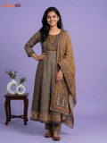 Dark Mehendi Green Muslin Printed & Embroidery Work Anarkali Suit
