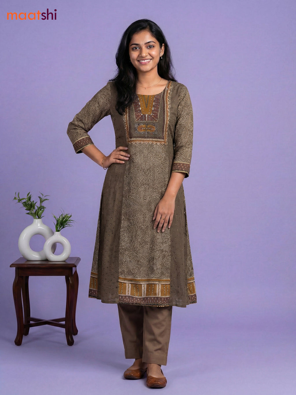 Dark Mehendi Green Muslin Printed & Embroidery Work Anarkali Suit