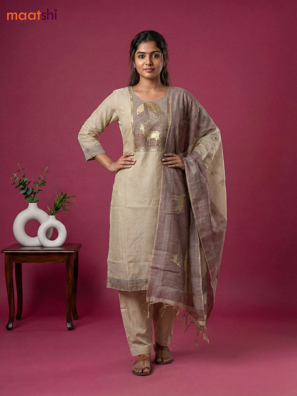 Beige and Brown Chanderi Embroidery Work Straight Suit