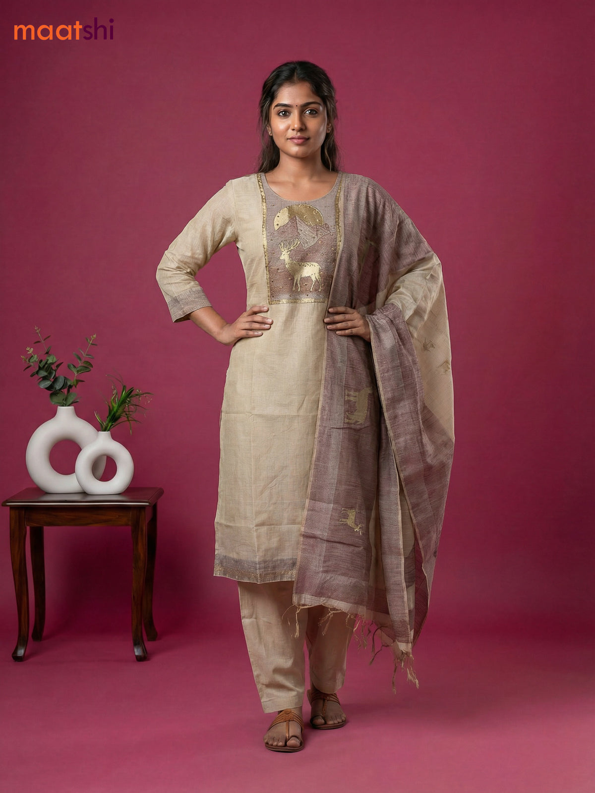 Beige and Brown Chanderi Embroidery Work Straight Suit