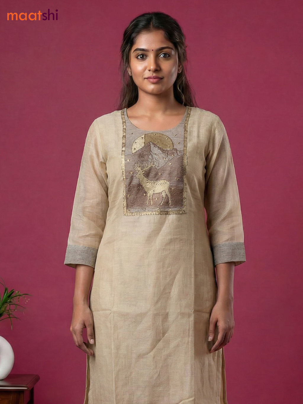 Beige and Brown Chanderi Embroidery Work Straight Suit